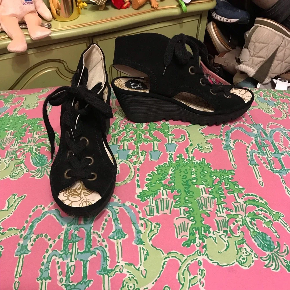 Fly London Black Suede Lace-Up Yaba Wedge Sandals Size 40